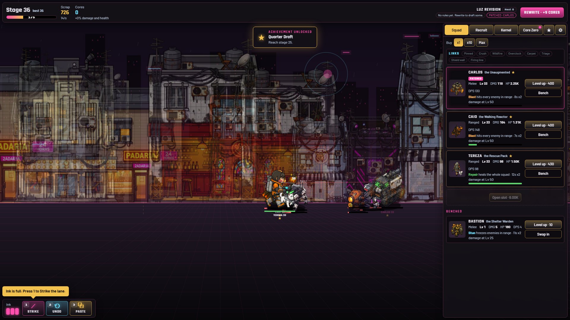 Stage 36 of the lane: three heroes fight a tank and a drone in front of a neon São Paulo street, with the squad panel, links and the Rewrite button on the right.